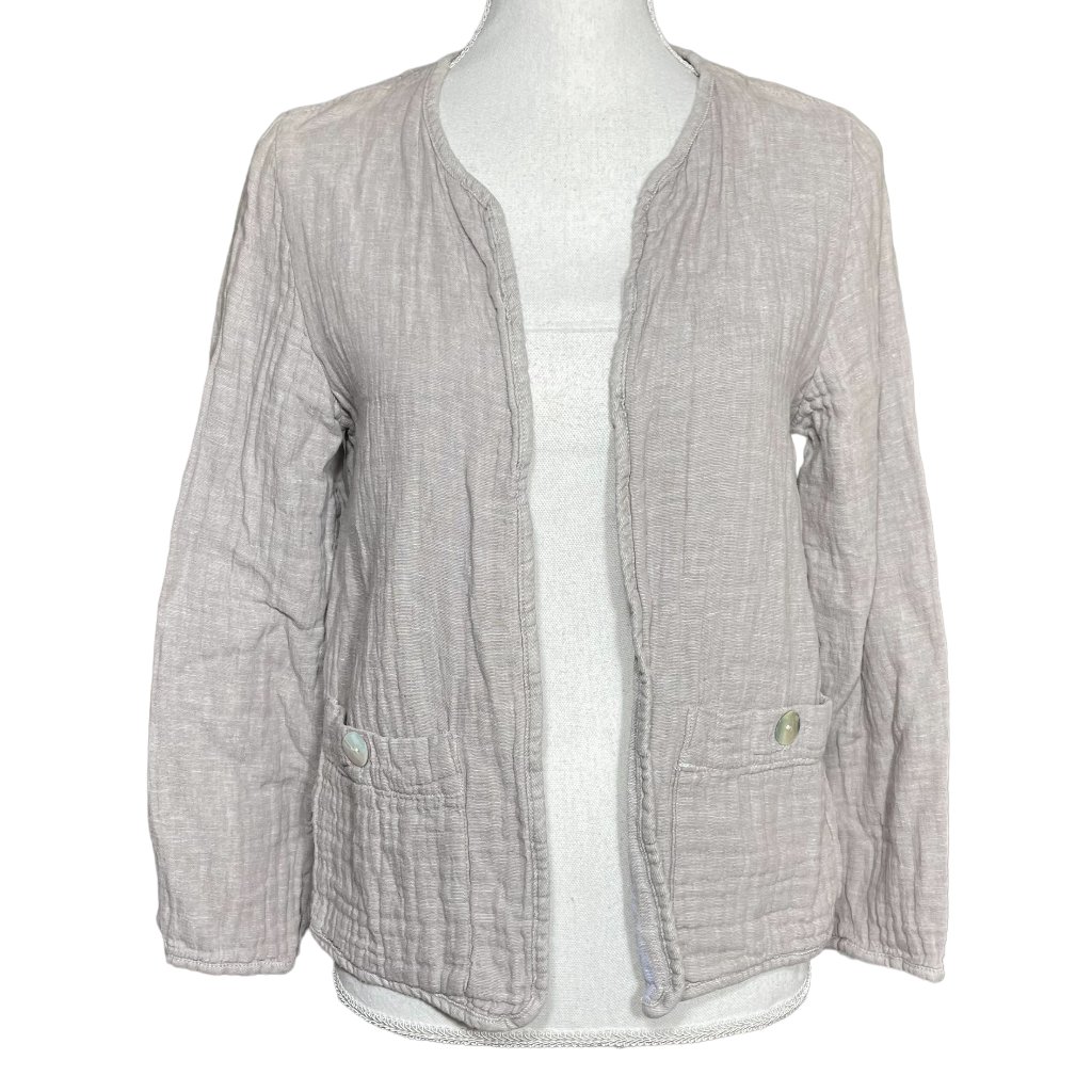 Tahari Linen Blend Jacket S Gauze Gauzy Gray Taupe Open Front Lightweight Pocket